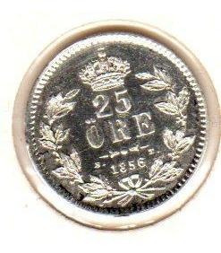 Moneda De Suecia Año 1856 Plata De 25 Ore Excelente