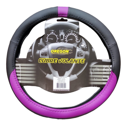 Cubre Volante Funda 38cm Auto Negro Con Violeta Cuerina