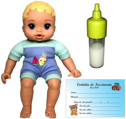 Boneco Baby Bebê Menino Com Acessórios Mamadeira E Certidão
