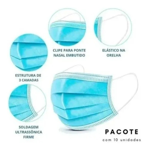 Máscara De Proteção Facial Com Tripla Camada 10 Unidades