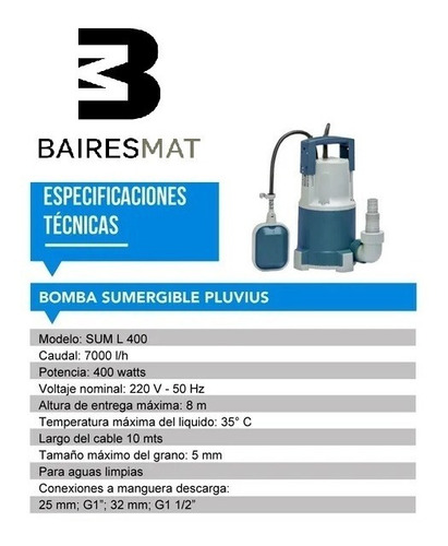 Imagen 4 de 8 de Bomba De Agua Sumergible Pluvius Sum L 400 Desagote 1/2 Hp