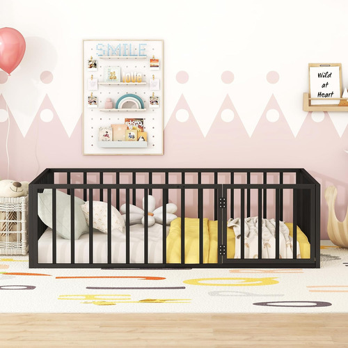 Twin Size Metal Versatile Floor Bed Frame With Door And Safe