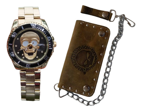 Reloj Skull Calavera+cartera De Piel Harley Calavera Hombre