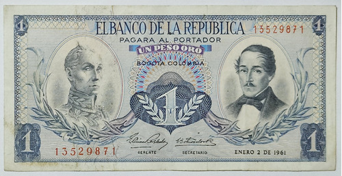 Billete 1 Peso 02/ene/1961 Colombia Vf-xf