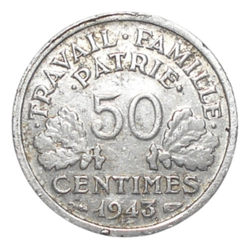 Francia 50 Centimes 1943 Vichy Doble Hacha Il Guerra Km#914