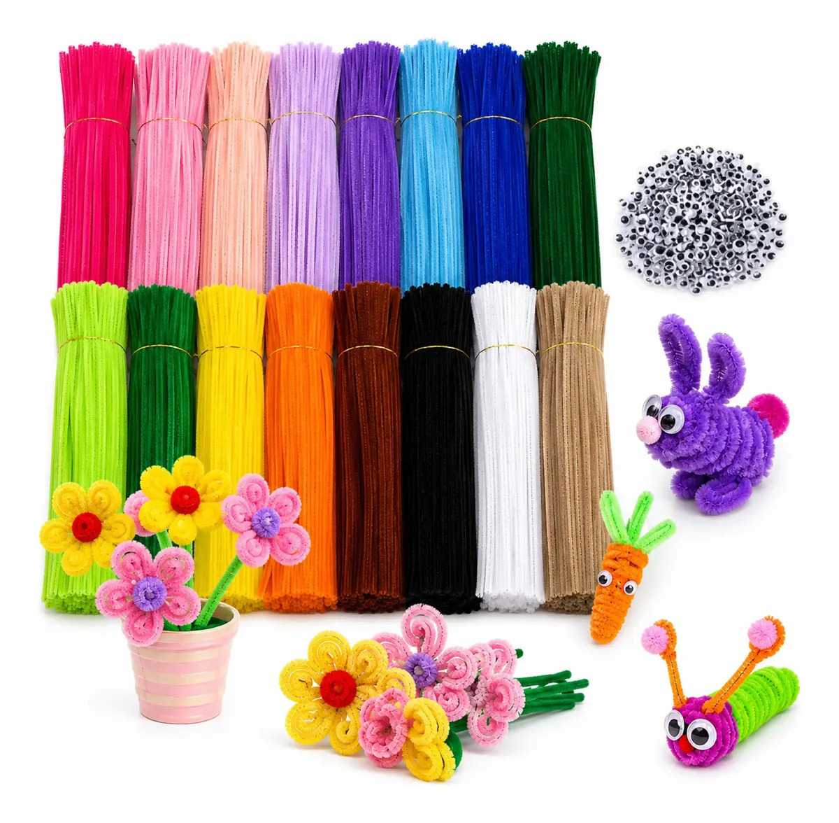 Canutillos Limpia Pipas de Chenille, 1000 Piezas y 100 Ojos, para Manualidades Creativas