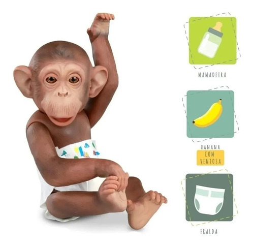 Boneco Bebê Macaco Little Caco Com Mamadeira Fralda E Banana