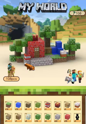 Bloco Magnético Minecraft Pomar Promoção 128 Peças 4 Bonecos 108 Minecraft Floresta