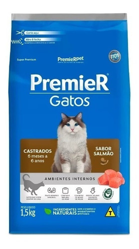 Alimento Premier Super Premium Castrados 6 meses até 6 anos para gato adulto sabor salmão em sacola de 1.5kg
