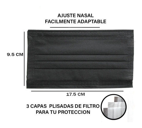 500 Cubrebocas Tricapa Termosellado Mascarilla Plisado Negro