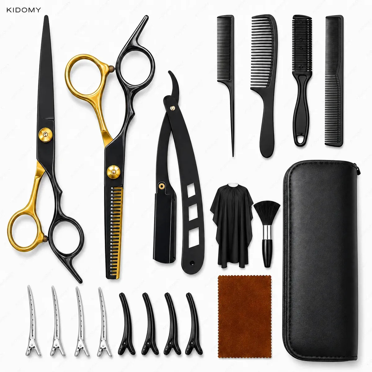 Kit Barbero Profesional 19 Piezas Negro Dorado, Tijeras para Corte de Cabello con Estuche Almacenamiento KIDOMY
