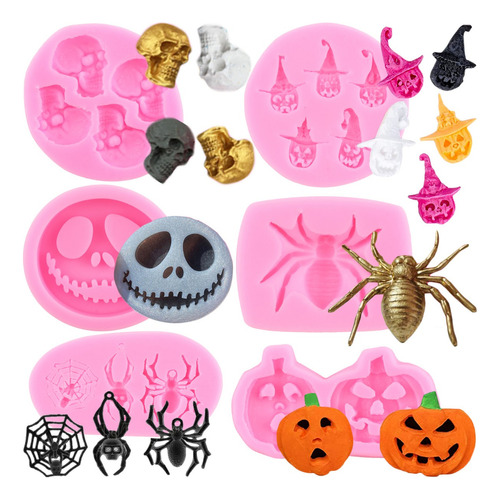 6pcs Molde De Silicona Halloween Araña Cráneo Fondant Resina