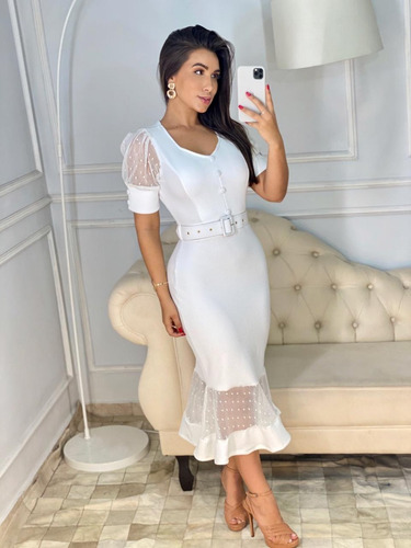 Vestido Longuete Tubinho Barra E Manga Tule Bufante Cinto