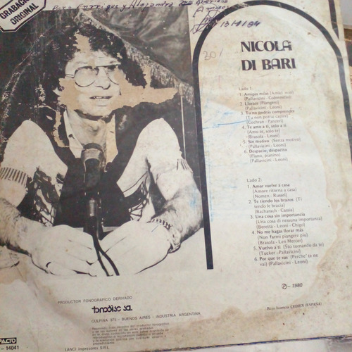 Nicola Di Bari Disco De Vinilo Lp 1980 (Usado)
