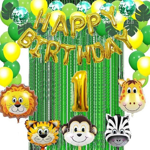 Set Deco Cumple Globos Animales Selva Jungla Safari Cortina 