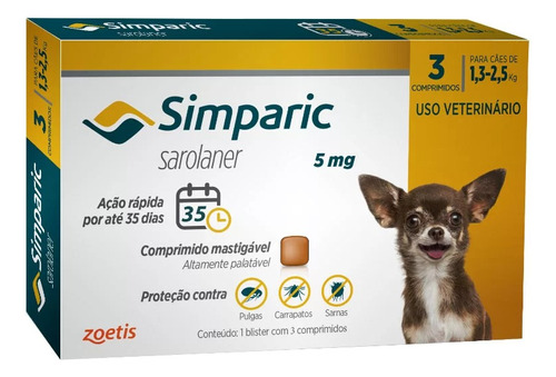 Simparic 5mg 1,3 A 2,5kg - C/ 3 Comprimidos - Zoetis