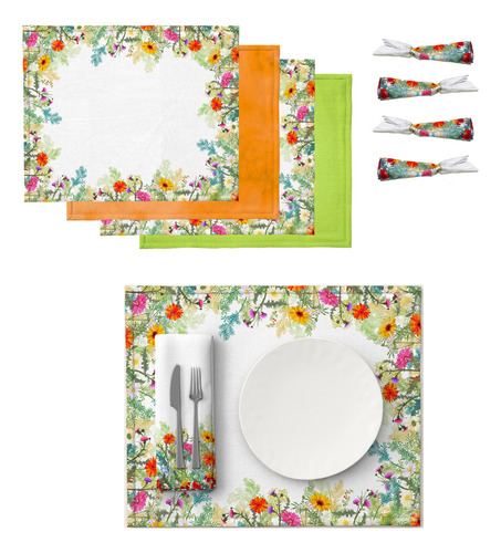4 Individuales Doblevista + 4 Servilletas Bela Home Margaritas