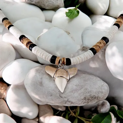 Collar De Cuentas De Concha De Coco Marrón Tigre Y Diente De