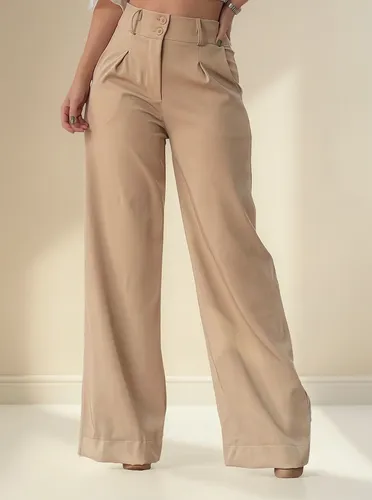 Calça Pantalona Alfaiataria Wide Leg Social Cintura Alta