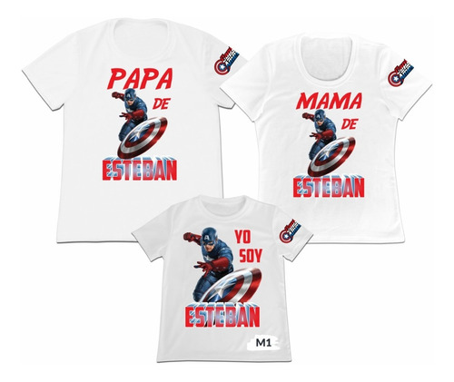 Franela Set 3 Papa Mama Hijo Capitan America Poliester