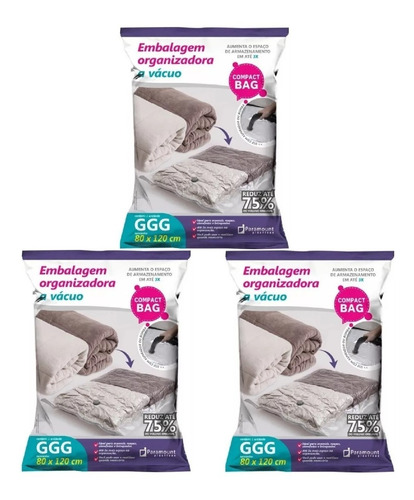 Kit 3 Saco Embalagem Vácuo Organizador Roupa Viagem 80x120cm