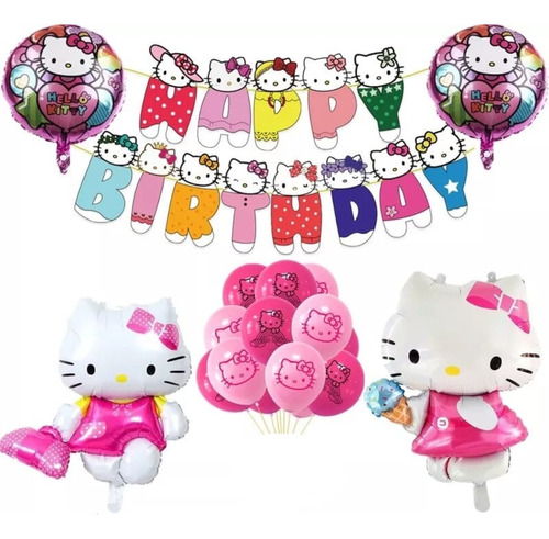 Set Globos + Banderín Decoración Cumpleaños Hello Kitty