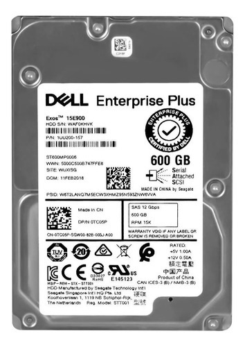 Hd Dell Sas 0tc05p Tc05p St600mp0006 600gb 15000u / Min 256mb Sas-3 2.5 Dell Compellent Scv2020 Scv3020 Sc4020 Sc5020 Sc7020 Cor Cinza-escuro