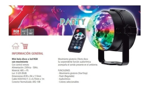 Imagen 2 de 10 de Bola De Disco Led Giratoria Audioritmica 3w Rgb Control 220v