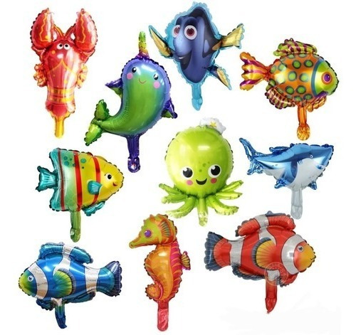 10 Globos Del Mar Peces Pez Metalizado 35 Cm