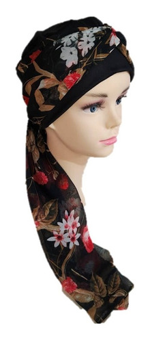 Turbante Gorro Mujer Elegante Oncológico, Algodón Y Mascada Color Negro Con Estampado