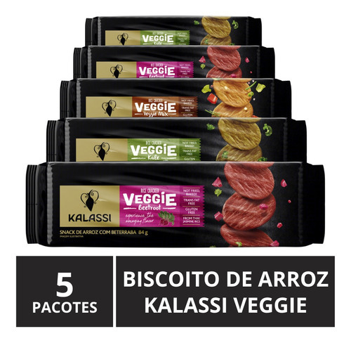 Biscoito De Arroz, Kalassi Veggie, 5 Pacotes De 84g