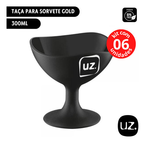 Kit C/ 6 Unid Taça Para Sorvete Gold 300ml Preto Plástico Uz