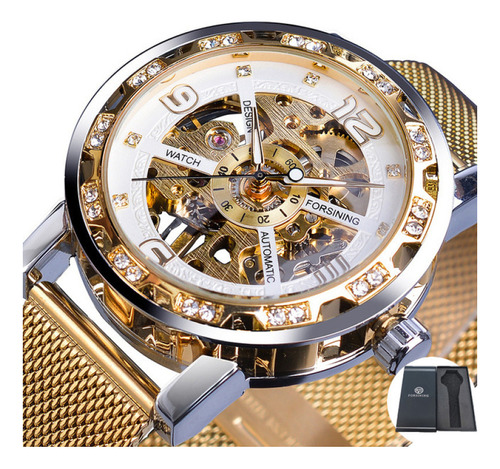 Relojes de pulsera mecánicos Forsining 1201 Skeleton, color de fondo dorado/blanco