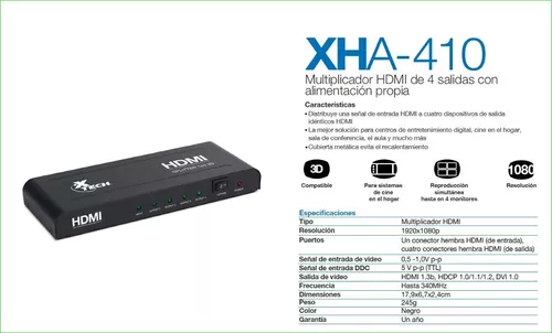 Multiplicador HDMI de 4 salidas con alimentación propia (Splitter), XTECH