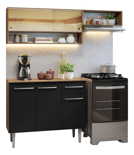 Armário De Cozinha Compacta 165cm Emilly Madesa Rp 02 Cor Rustic/Preto