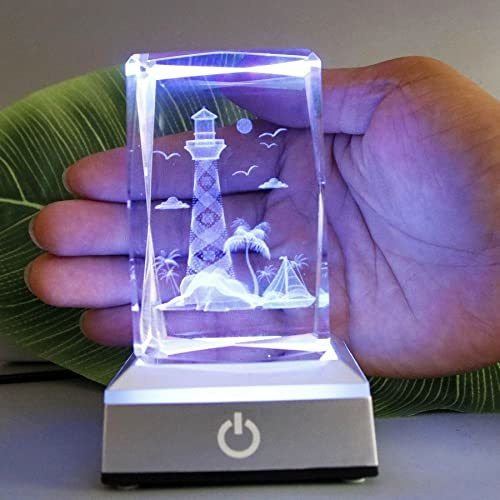 Lámpara Faro Cristal 3d Con Base Luz Nocturna - Regalo