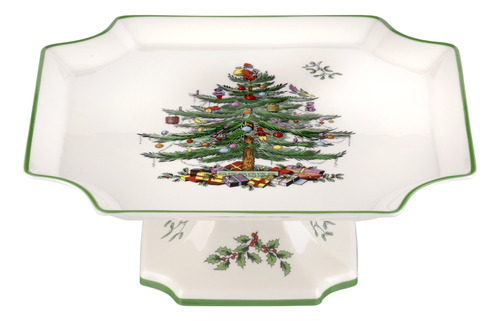 Spode Arbol De Navidad Footed Square Cake Plate, Crema/verde
