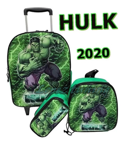 Mochila Hulk  Escolar Carrinho Rodinhas Menino Boy E Outros