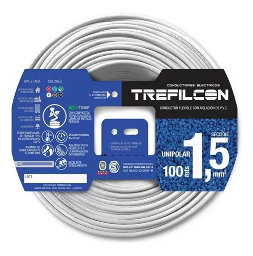 Cable Unipolar 100% Cobre Trefilcon 1.5mm X 30 Mts Metros