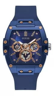 Reloj pulsera Guess GW0203G de cuerpo color azul oscuro, analógico, fondo azul oscuro, con correa de silicona color azul oscuro, agujas color oro rosa y blanco, dial azul y oro rosa y gris, subesferas