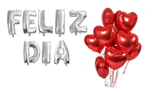 Globos Decorativos Feliz Día + Corazones Rojos