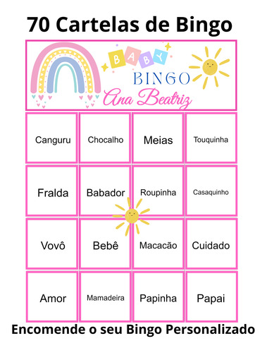 70 Cartelas Bingo Chá De Bebê Pdf Nome Personalizado Baby