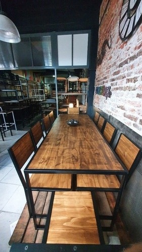 Imagen 2 de 4 de Mesa Hierro Y Madera 210x90 + 10 Sillas Industrial Laqueado
