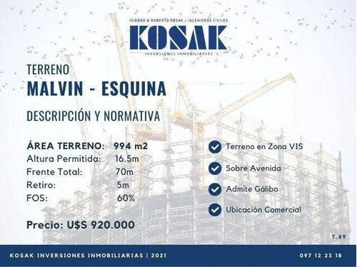 Venta Terreno Esquina Malvin (ref: Ksk-923)