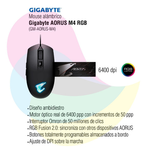 Imagen 2 de 8 de Mouse Gamer Gigabyte Aorus M4 Rgb Negro 6400 Dpi Cuo
