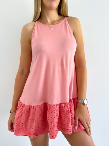 Vestido Corto Musculosa De Algodon Combinado Con Broderie