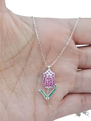 Cadena Con Dije Flor Rosa Piedras Cubic Plata 925