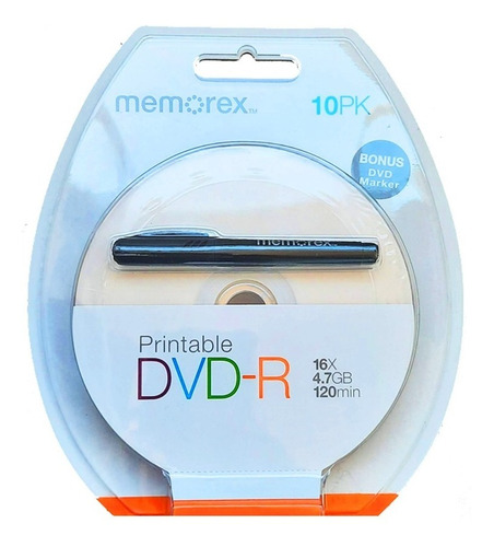 Pack 10 Unidades Dvd-r Memorex 16x Imprimible 4.7gb C/lápiz