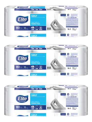 Papel Higiénico Elite® En Bobina 3 Paq C/12 Rollos 180 Mts