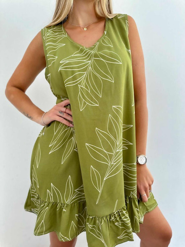 Vestido Fibrana Verde Estampado Musculosa